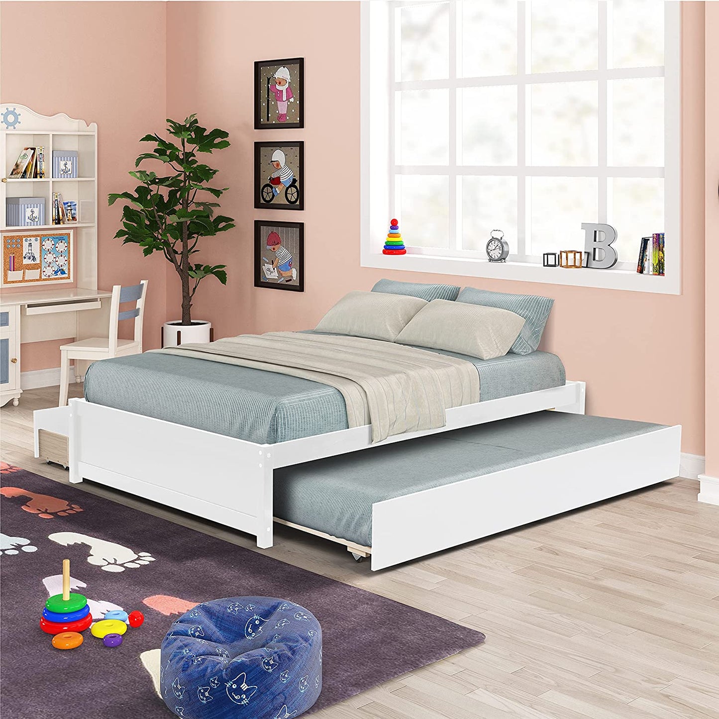 Full Size Platform Bed, Wood Full Bed Frame with Trundle and Drawers, Slats Support, No Box Spring Needed, White