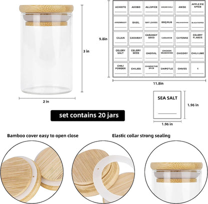 Glass Spice Jars Set of 20 - 3.2Oz (95Ml) Mini Spice Jar with Bamboo Airtight Lids and 180 Spice Jar Square Labels Preprinted, Thicken Seasoning Containers, Food Storage for Pantry, Tea, Herbs, Salt