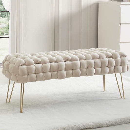 Mirage Modern Contemporary Woven Upholstered Velvet Long Bench Ottoman with Gold Metal Legs - Cream