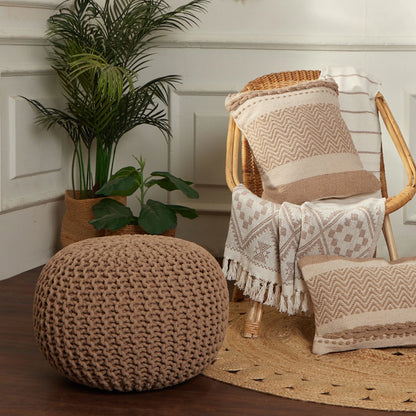 · round Pouf Ottoman - Hand Knitted Cable Boho Poof Home Décor Pouffe Circular Footrest for Living Room - Bedroom - Lounge - 100% Cotton (19.5"X19.5"X14") - Beige