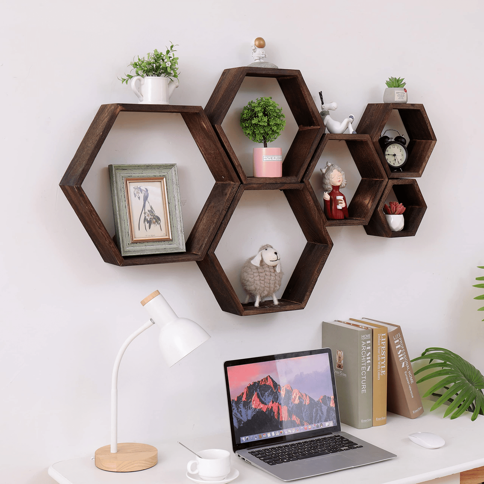 6” X 24” Brown Hexagonal Floating Shelves 6-Tier Rustic Wood Storage (6 Pieces)