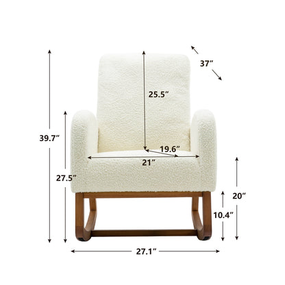 Nursery Rocking Chair, Upholstered Accent Armchair, Wooden Padded Seat with Side Pocket, Nursing Chair with Rubber Wood Legs, Glider Chair for Living Room Bedroom Nursery, White Teddy