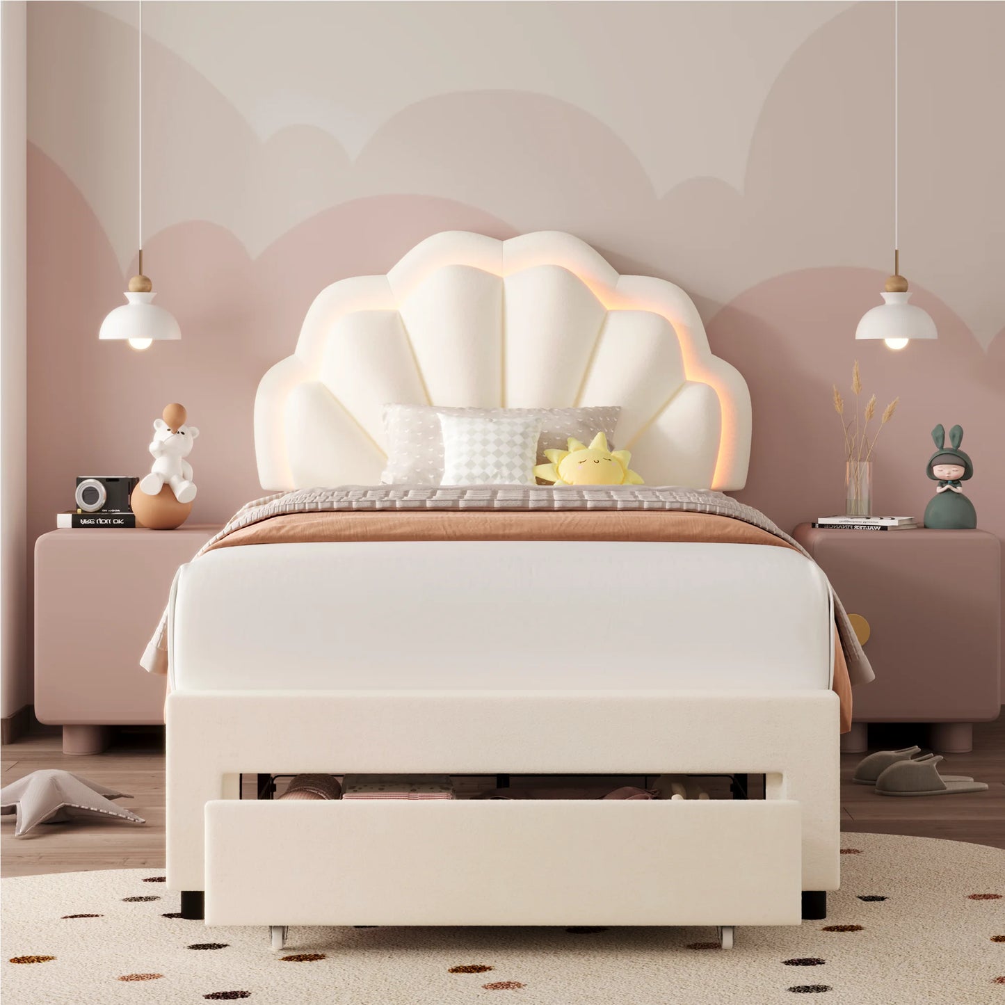 Twin Size LED Bed Frame with Drawer, Velvet Upholstered Platform Bed with Adjustable Petal Headboard for Kid, Beige