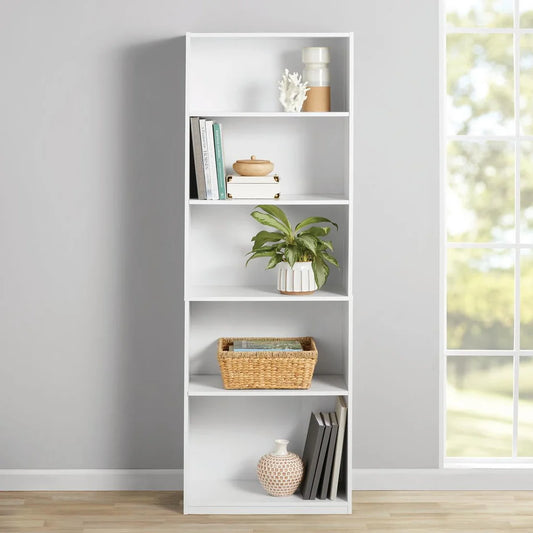 5-Shelf Bookcase with Adjustable Shelves, White