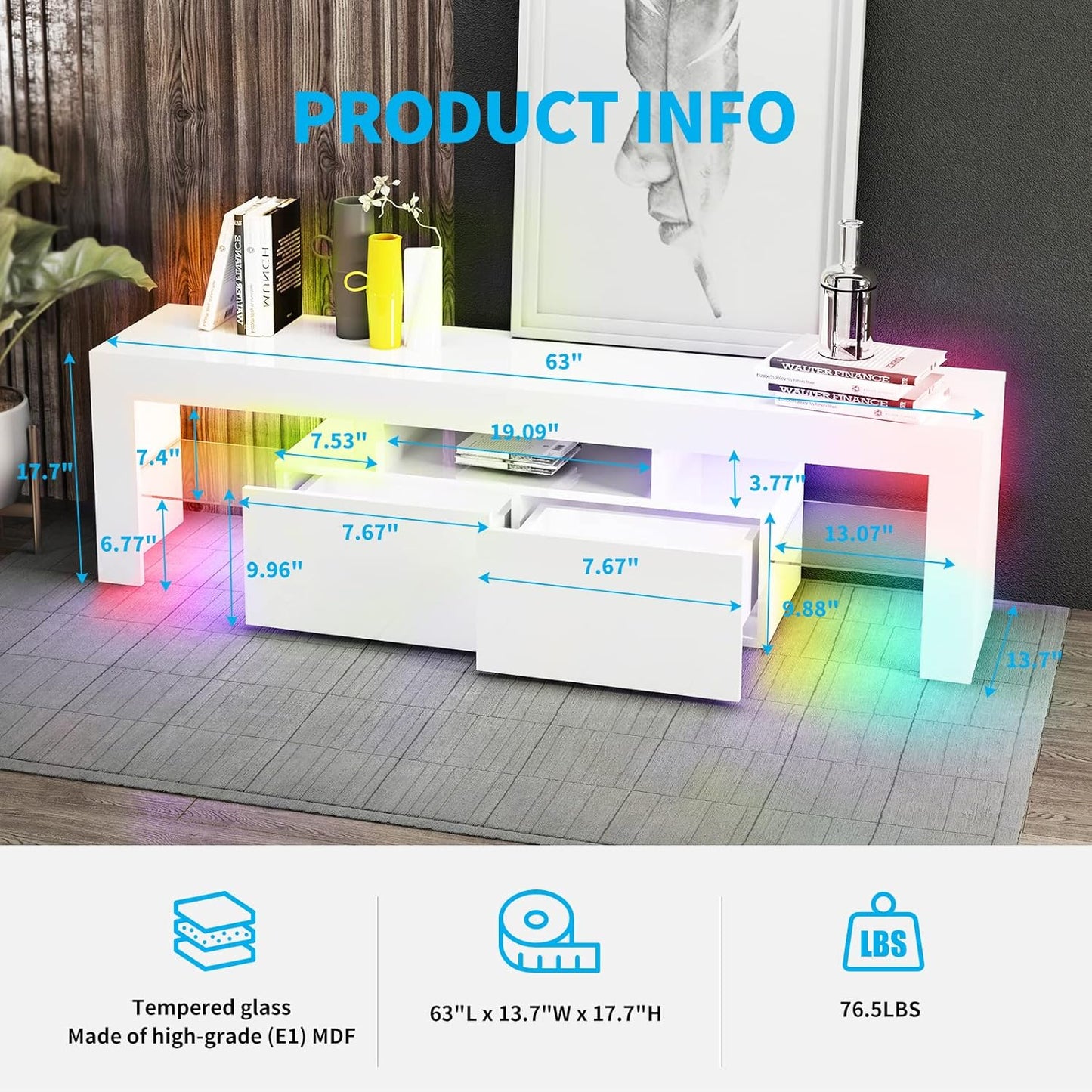 White TV Stand for 65+Inch TV, Led TV Stands Control RGB Light Strips by Mobile Phone, High Gloss Television Stands,Entertainment Center with 2 Drawer Suitable for Living Room/Bedroom (White)