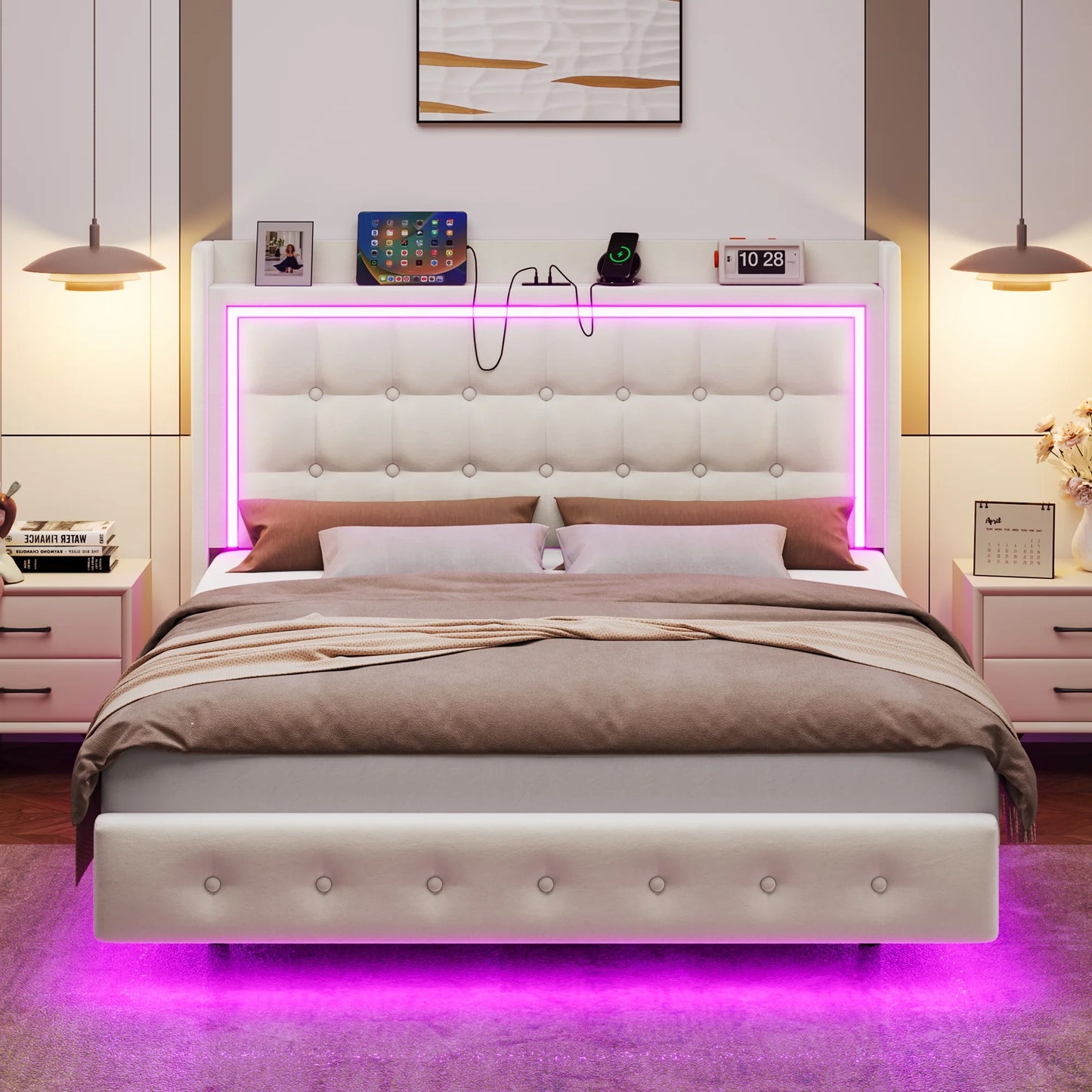 Full Size Floating Bed with RGB LED Lights Charging Station, Velvet Upholstered Platform Bed with Storage Headboard, Off-White