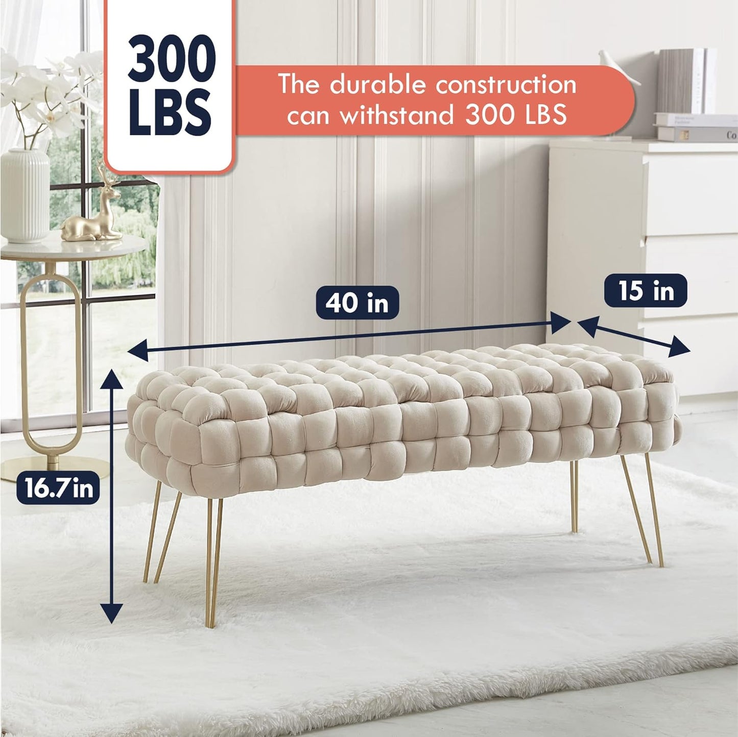 Mirage Modern Contemporary Woven Upholstered Velvet Long Bench Ottoman with Gold Metal Legs - Cream