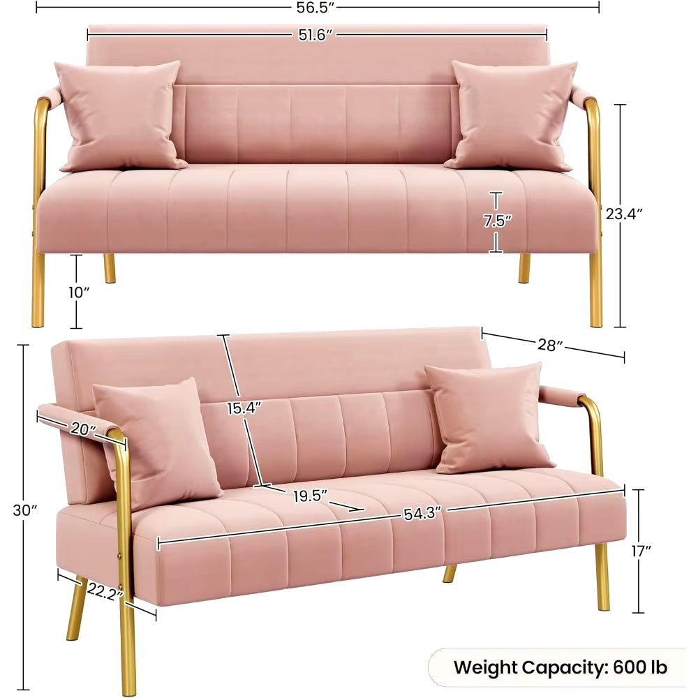 56.6″W Modern Loveseat 2 Seater Sofa Luxurious Velvet Fabric Couch Futon with Gold-Tone Metal Arms and Legs Sofa