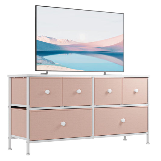 Pink Dresser for Bedroom Dressers & Chests of Drawers Dresser TV Stand with 6 Drawers Dressers for Closet Pink Wide Fabric Dressers TV Console Storage Unit, Pink