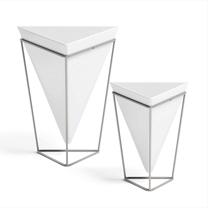 Trigg Desktop Planter Vase & Geometric Ceramic Container - Great for Succulent Plants, Air Plant, Mini Cactus, Faux Plants and More, Set of 2, Tabletop, White/Nickel