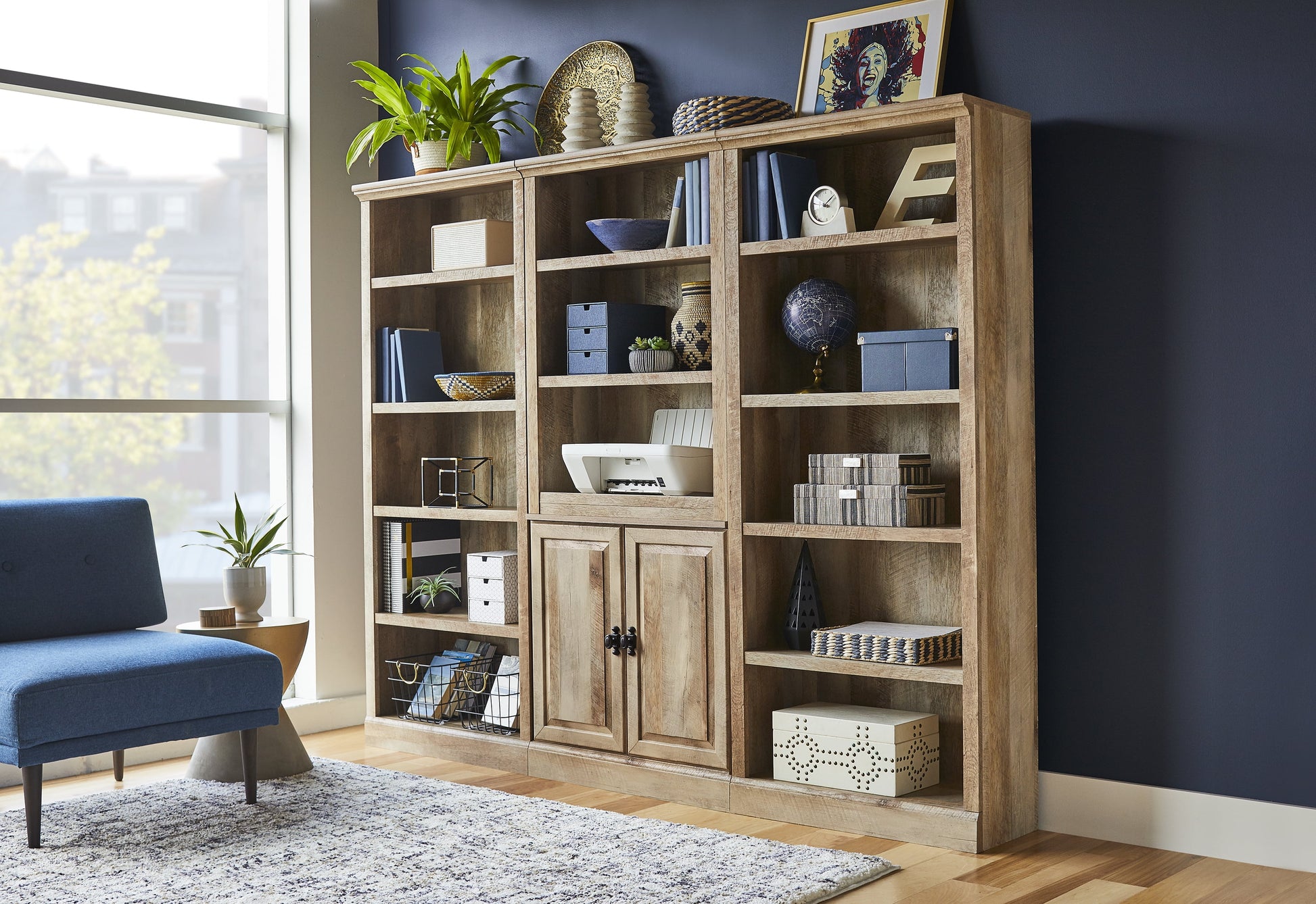 71" Crossmill 5 Shelf Bookcase with Doors, Weathered Wood Finish