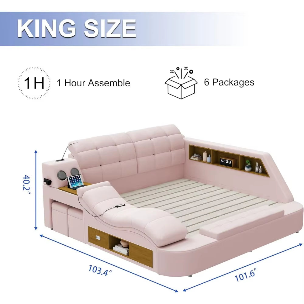 Luxury Smart King Bed Frame, Multifunction Bed Frame with Massage Recliner/Bluetooth Speaker/Usb Charging Station/Storage Drawer