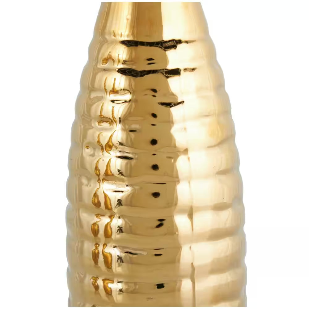 4 In., 12 In. Gold Slim Textured Bottleneck Ceramic Decorative Vase with Varying Patterns (Set of 3)