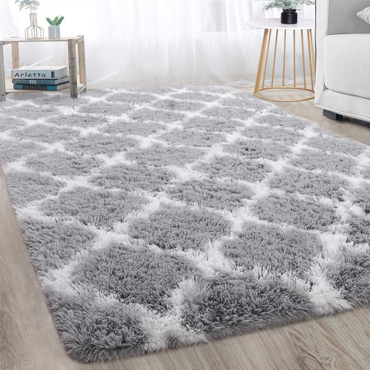 Fluffy Rug Modern Indoor Plush Bedroom Rug, Luxury Fuzzy Living Room Area Rug, Soft Geometric Moroccan Carpets for Boys Girls Kids Nursery Room 4X6, Grey