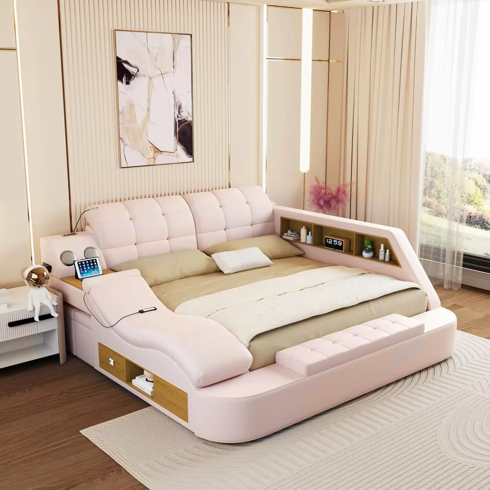 Luxury Smart King Bed Frame, Multifunction Bed Frame with Massage Recliner/Bluetooth Speaker/Usb Charging Station/Storage Drawer