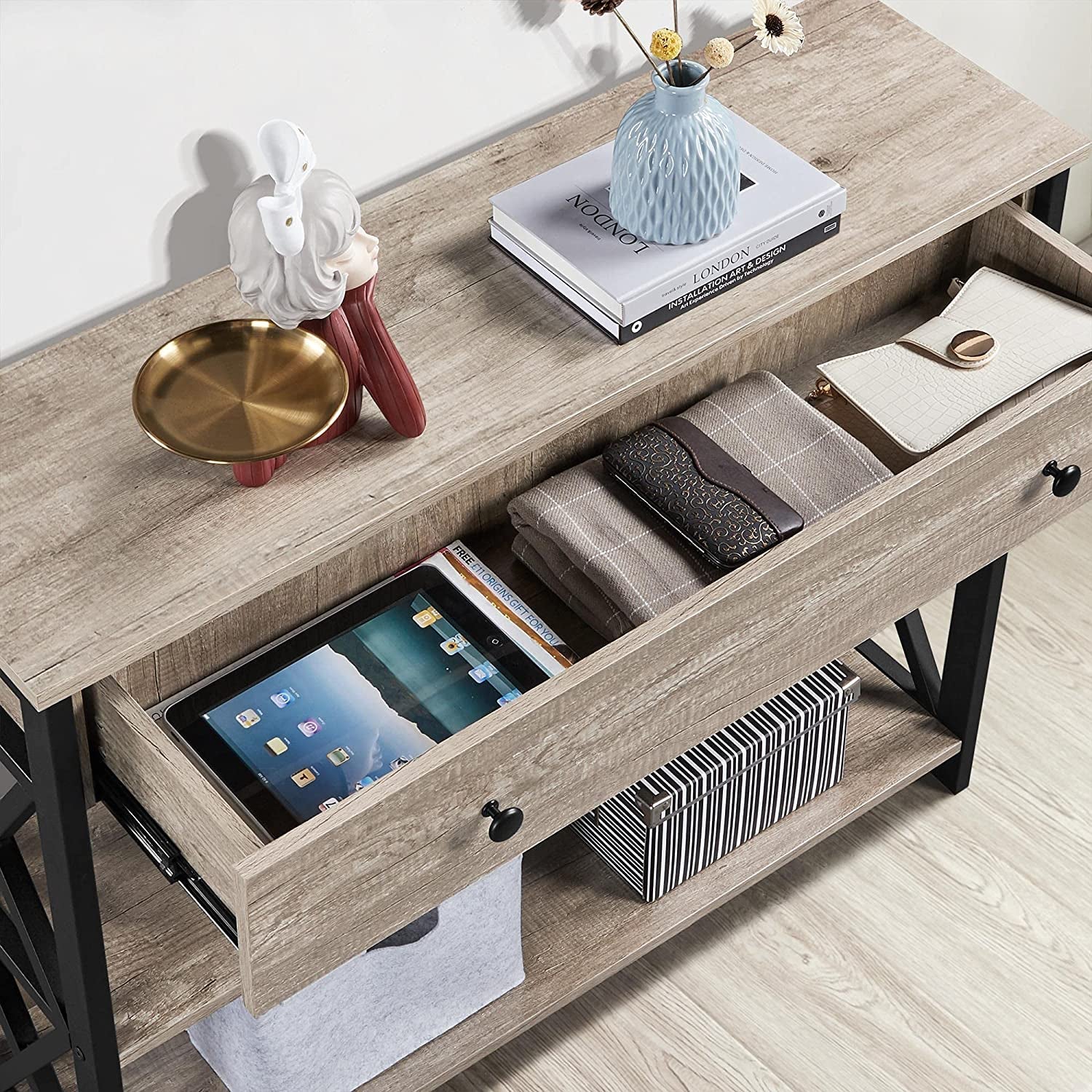 Console Table with Drawer, Entryway Table with 3 Tier Storage Shelves, Narrow Long Sofa Table for Entryway, Living Room, Hallway, Couch, Kitchen, Metal Frame, Gray