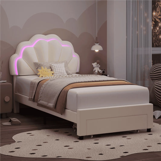 Twin Size LED Bed Frame with Drawer, Velvet Upholstered Platform Bed with Adjustable Petal Headboard for Kid, Beige