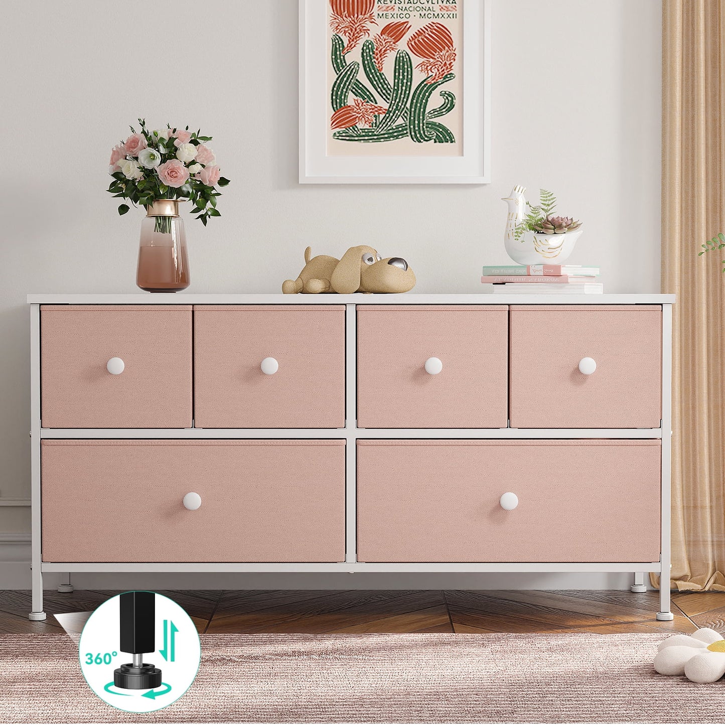 Pink Dresser for Bedroom Dressers & Chests of Drawers Dresser TV Stand with 6 Drawers Dressers for Closet Pink Wide Fabric Dressers TV Console Storage Unit, Pink