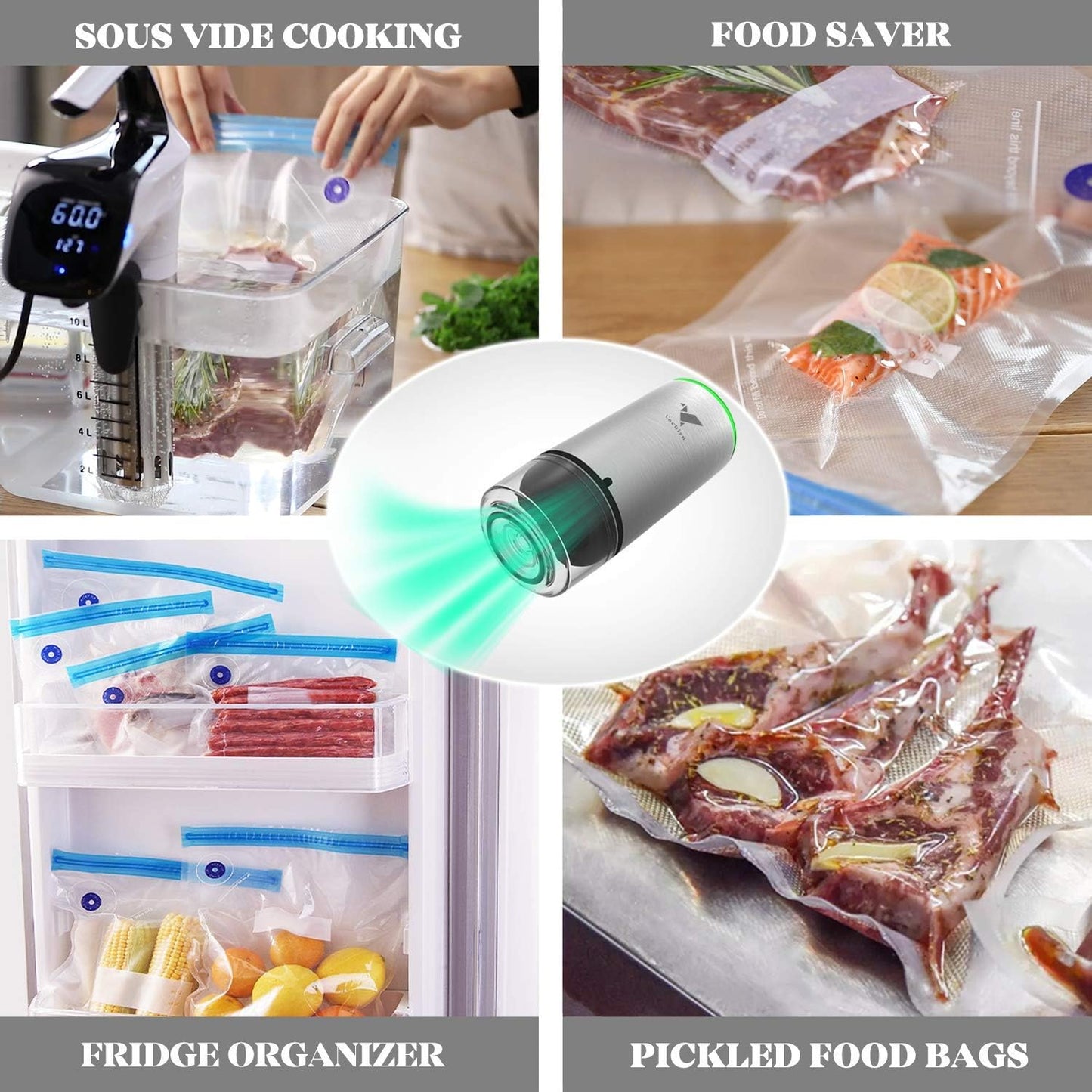 Food Vacuum Sealer,  Portable Vacuum Sealer Machine with Sous Vide Bags 10 Pack Reusable Food Storage Bags for Food Storage & Sous Vide Cooking