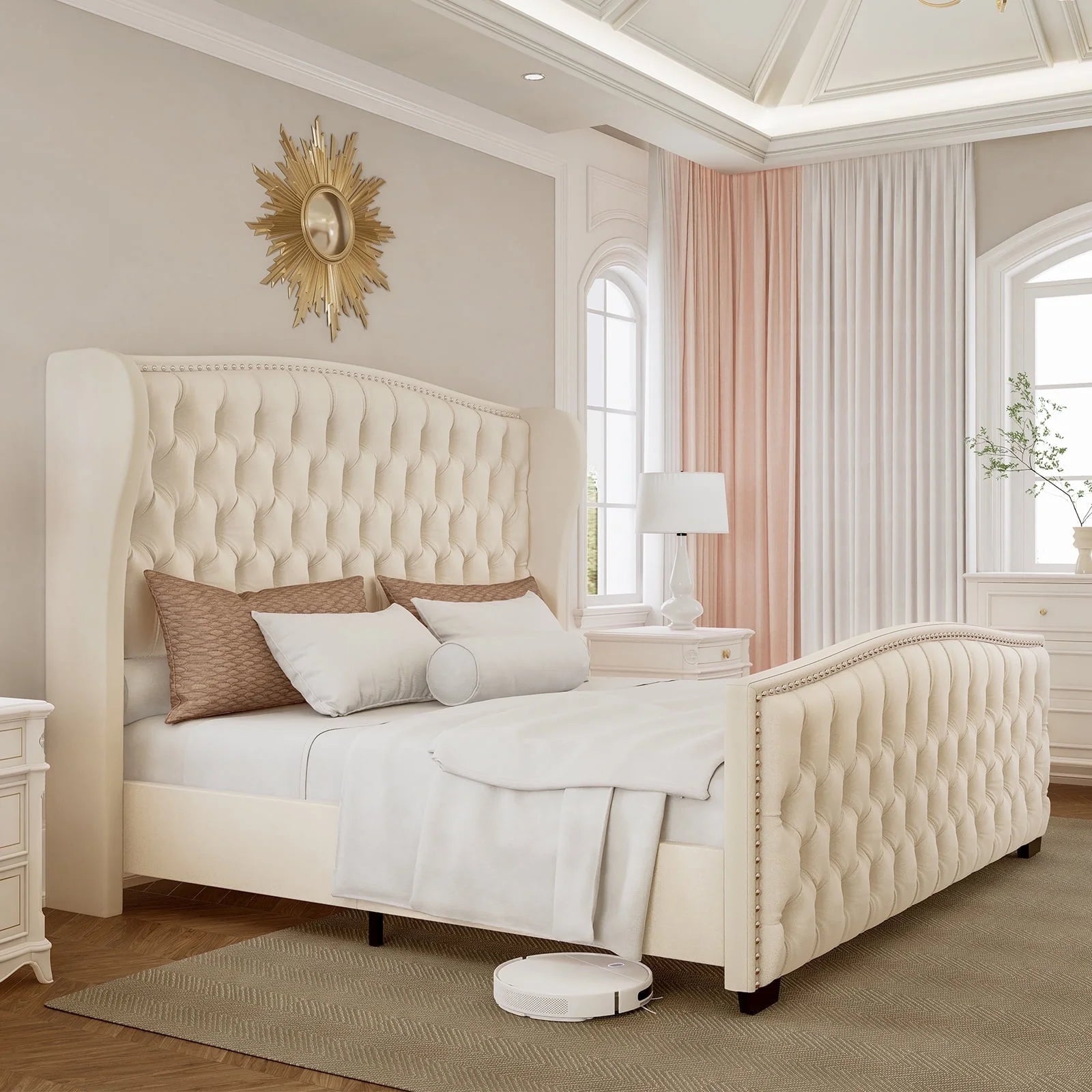 King Platform Bed Frame with Wingback Headboard, Cream