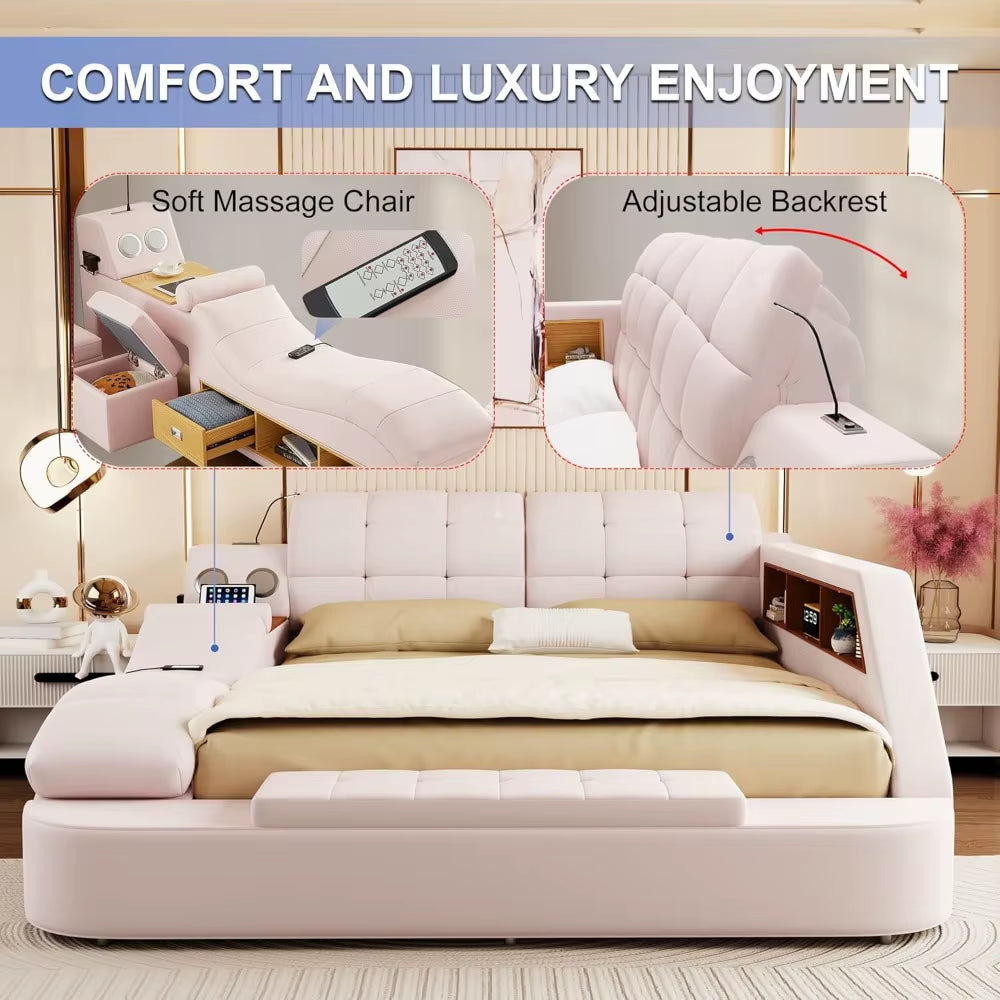 Luxury Smart King Bed Frame, Multifunction Bed Frame with Massage Recliner/Bluetooth Speaker/Usb Charging Station/Storage Drawer