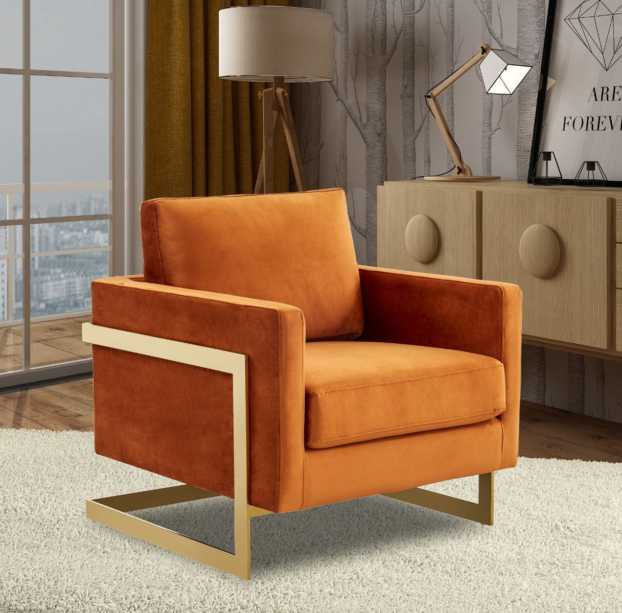 Accent Arm Chair Upholstered in Velvet with Gold Stainless Steel Sled Base and Removable Back and Seat Cushion No Assembly for Home, Bedroom, Office Lincoln Collection in Orange Marmalade