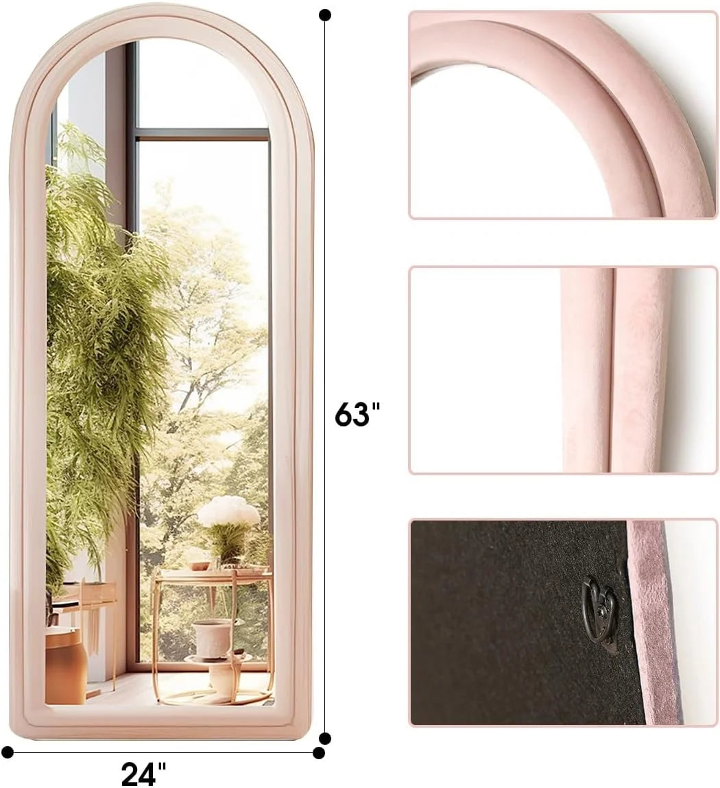 Floor Mirror, 63"X24" Arched Full Length Mirror,Full Body Mirror, Large Mirror, Wall Mirror, Freestanding, Wall Mounted, Flannel Frame, Pink