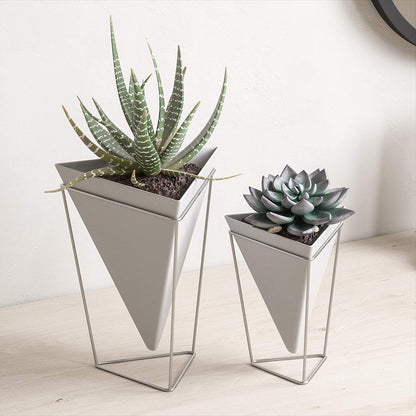 Trigg Desktop Planter Vase & Geometric Ceramic Container - Great for Succulent Plants, Air Plant, Mini Cactus, Faux Plants and More, Set of 2, Tabletop, White/Nickel