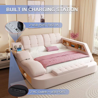 Luxury Smart King Bed Frame, Multifunction Bed Frame with Massage Recliner/Bluetooth Speaker/Usb Charging Station/Storage Drawer