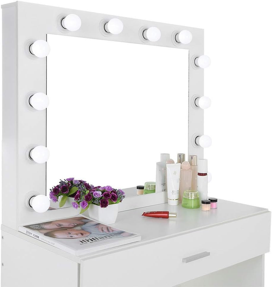 Vanity Table/Vanity Benches,Makeup Vanity Mirror with 12 Lights and Table Set for Bedroom,Vanity Desk with Drawers,Black/White Dresser,Vanity Chair (A-White), 321