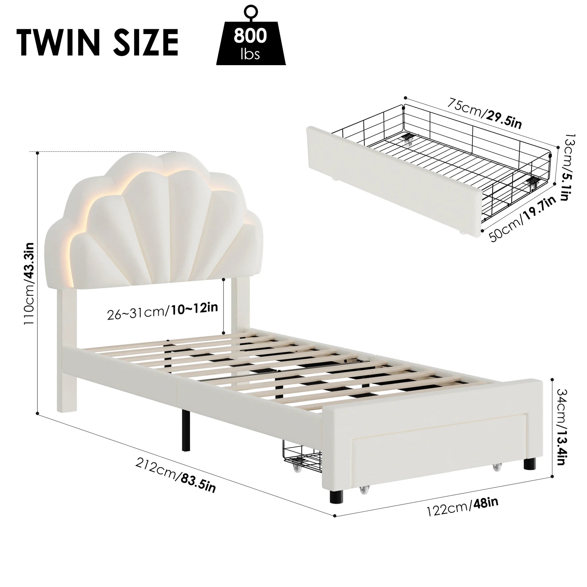 Twin Size LED Bed Frame with Drawer, Velvet Upholstered Platform Bed with Adjustable Petal Headboard for Kid, Beige