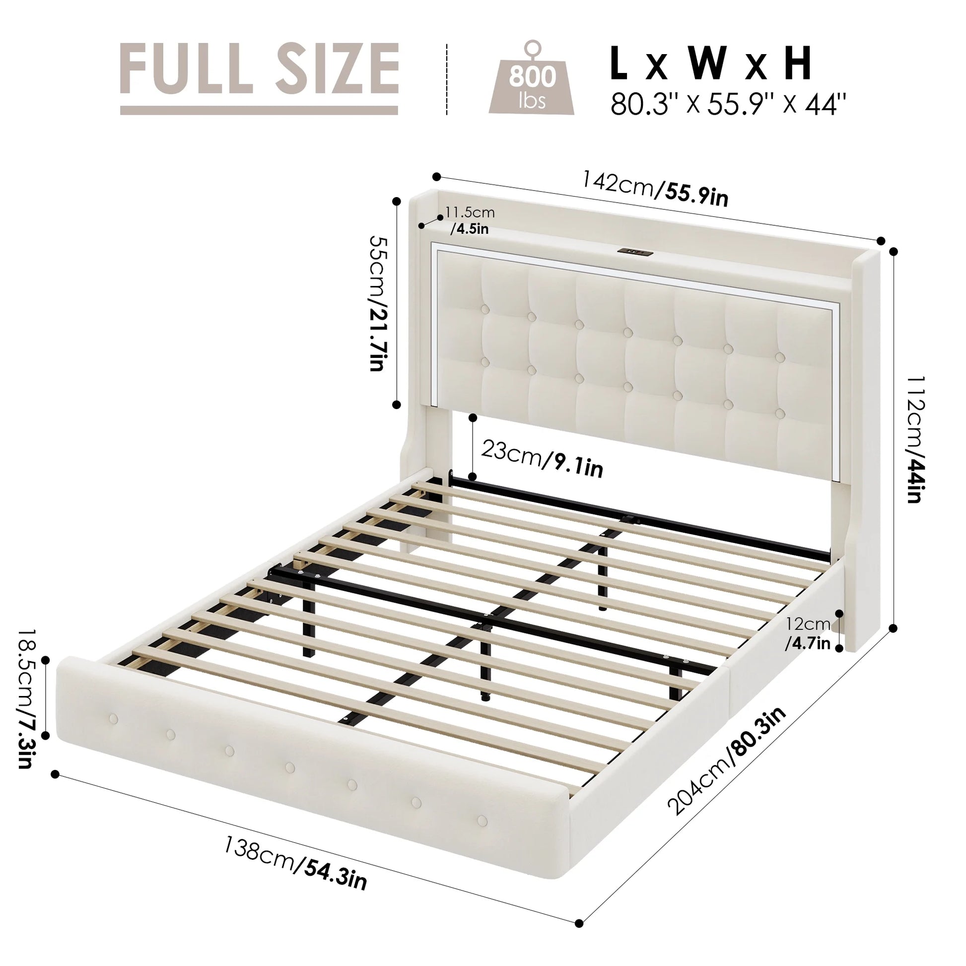 Full Size Floating Bed with RGB LED Lights Charging Station, Velvet Upholstered Platform Bed with Storage Headboard, Off-White