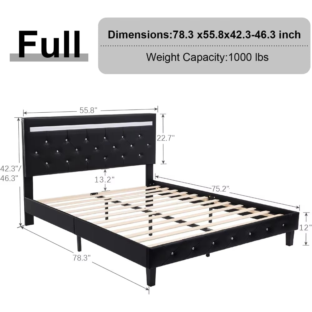 Full Size Bed Frame with LED Lights, Upholstered Platform Bed Frame with Adjustable Headboard and Charging Station.