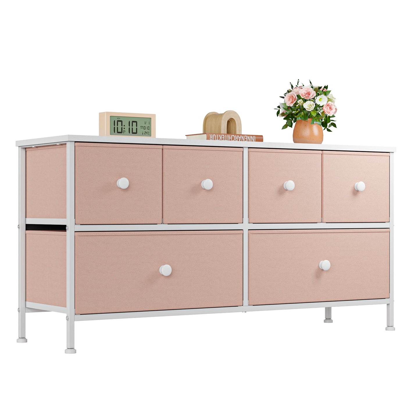 Pink Dresser for Bedroom Dressers & Chests of Drawers Dresser TV Stand with 6 Drawers Dressers for Closet Pink Wide Fabric Dressers TV Console Storage Unit, Pink