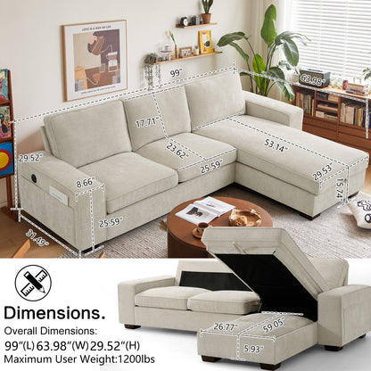 99'' Convertible Sectional Sofa,L Shaped Couch,Multi-Functional Reversible Sofa with USB and Type-C Charging Ports, Storage Space, Breathable Fabric