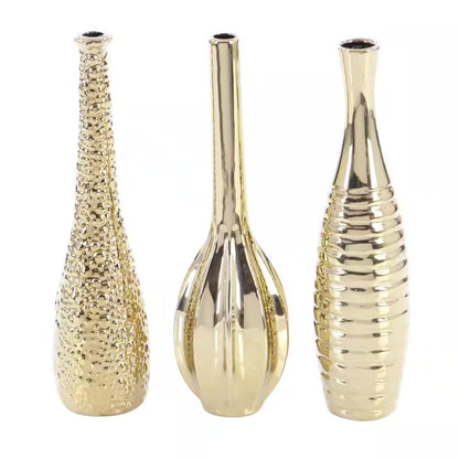 4 In., 12 In. Gold Slim Textured Bottleneck Ceramic Decorative Vase with Varying Patterns (Set of 3)