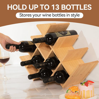 Wooden 13-Bottle Wine Rack - Nature Wood 4-Tier Wine Display Rack/Free Standing and Countertop Wine Storage Shelf - Bottle Holder/Cabinet Glass Rack XHJJ4-NA