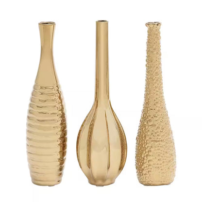 4 In., 12 In. Gold Slim Textured Bottleneck Ceramic Decorative Vase with Varying Patterns (Set of 3)