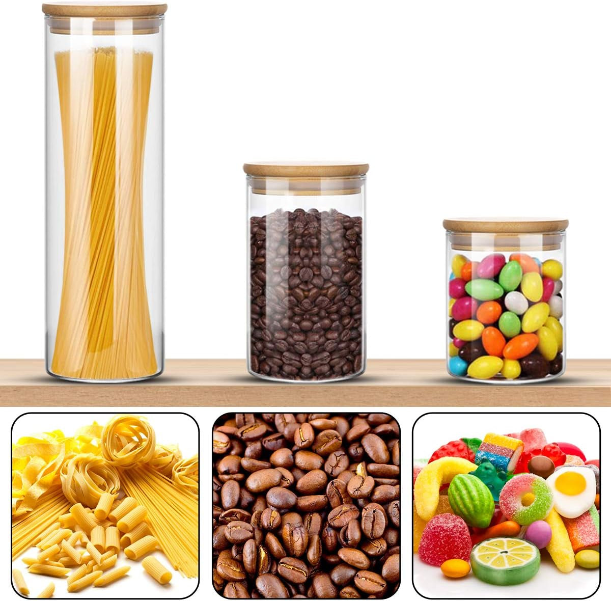 Glass Jars for Food Storage, Airtight Glass Food Canisters for Home and Kitchen, BPA Free Containers with Bamboo Lids for Candy, Rice, Coffee, Tea, Cookie, Sugar, Flour, Pasta, Nuts, 6 Pack