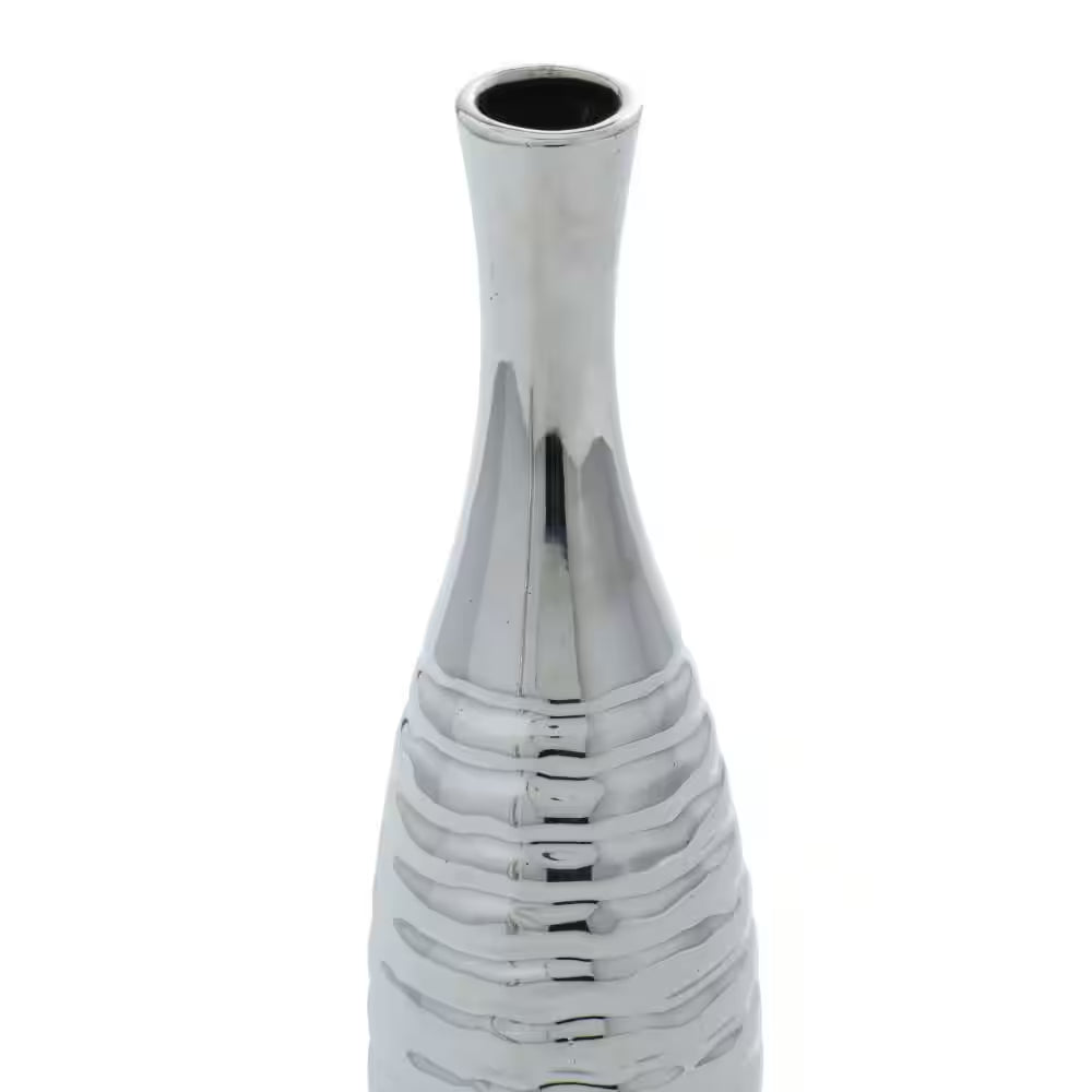 3 In., 12 In. Silver Slim Textured Bottleneck Ceramic Decorative Vase with Varying Patterns (Set of 3)