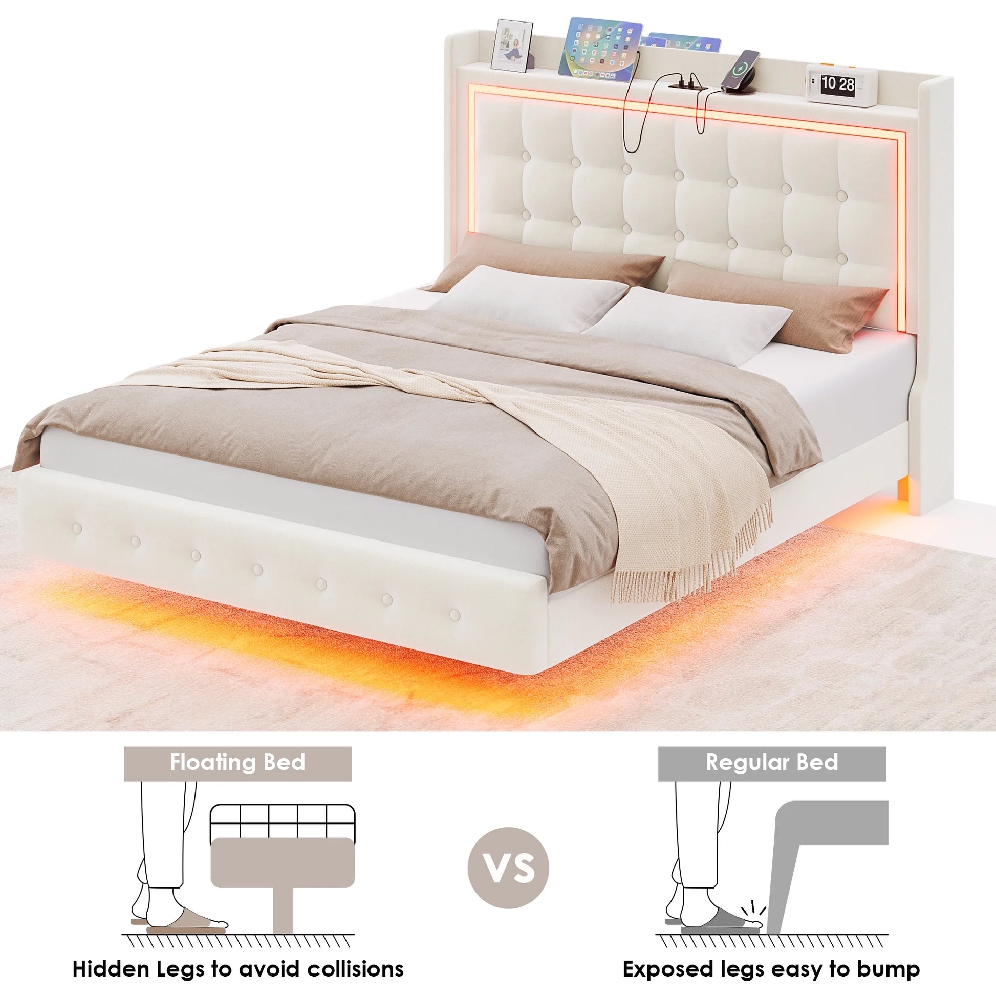 Full Size Floating Bed with RGB LED Lights Charging Station, Velvet Upholstered Platform Bed with Storage Headboard, Off-White