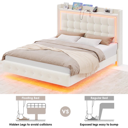 Full Size Floating Bed with RGB LED Lights Charging Station, Velvet Upholstered Platform Bed with Storage Headboard, Off-White