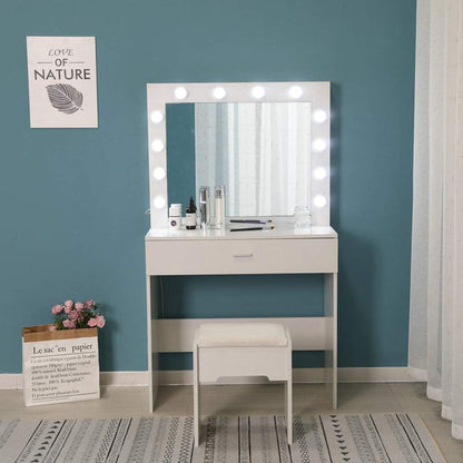 Vanity Table/Vanity Benches,Makeup Vanity Mirror with 12 Lights and Table Set for Bedroom,Vanity Desk with Drawers,Black/White Dresser,Vanity Chair (A-White), 321