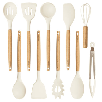 10 Pcs Silicone Cooking Utensils Set for Kitchen with Wooden Handle