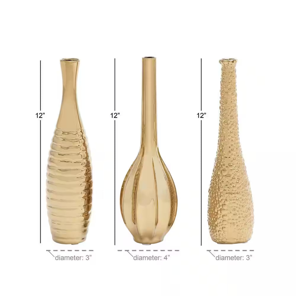 4 In., 12 In. Gold Slim Textured Bottleneck Ceramic Decorative Vase with Varying Patterns (Set of 3)