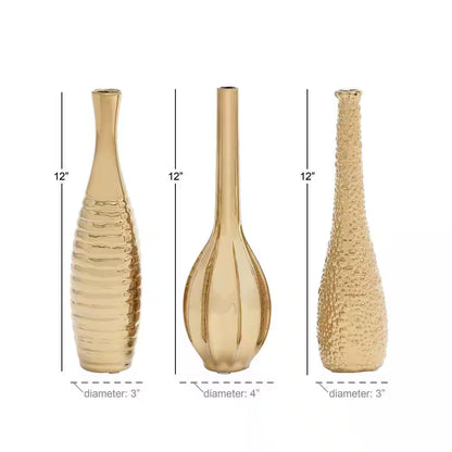 4 In., 12 In. Gold Slim Textured Bottleneck Ceramic Decorative Vase with Varying Patterns (Set of 3)