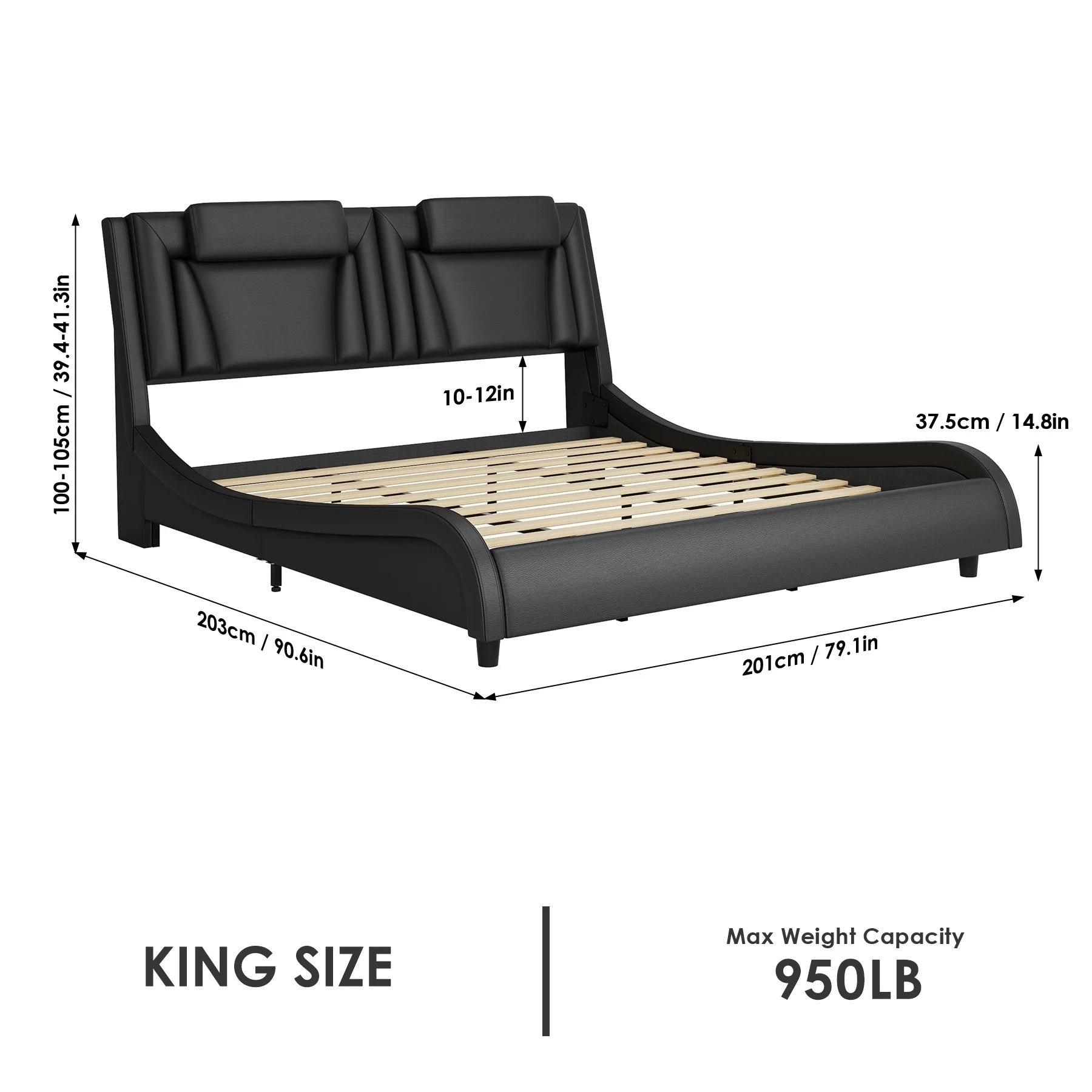 King Size LED Bed Frame, PU Leather Upholstered Curved Platform Bed Frame with Adjustable Headboard, Black