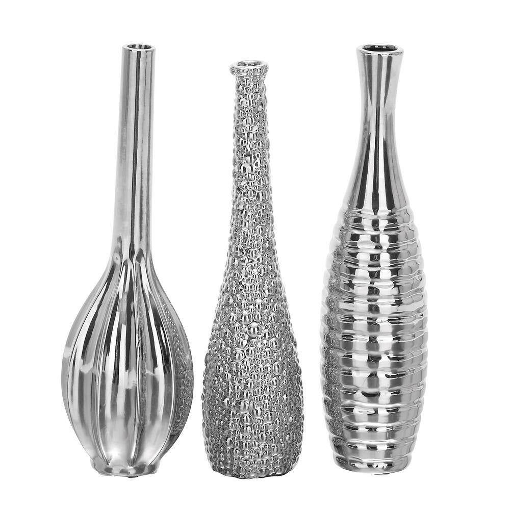 3 In., 12 In. Silver Slim Textured Bottleneck Ceramic Decorative Vase with Varying Patterns (Set of 3)