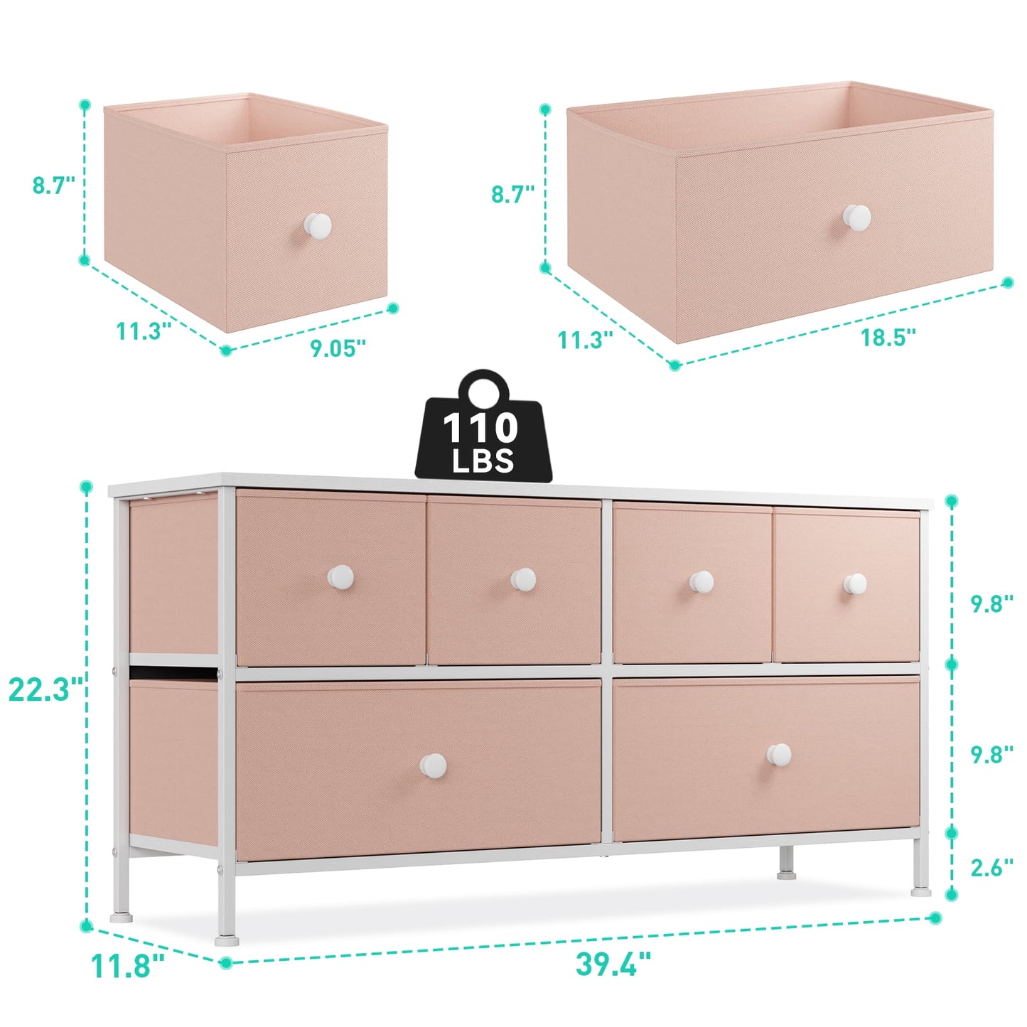 Pink Dresser for Bedroom Dressers & Chests of Drawers Dresser TV Stand with 6 Drawers Dressers for Closet Pink Wide Fabric Dressers TV Console Storage Unit, Pink