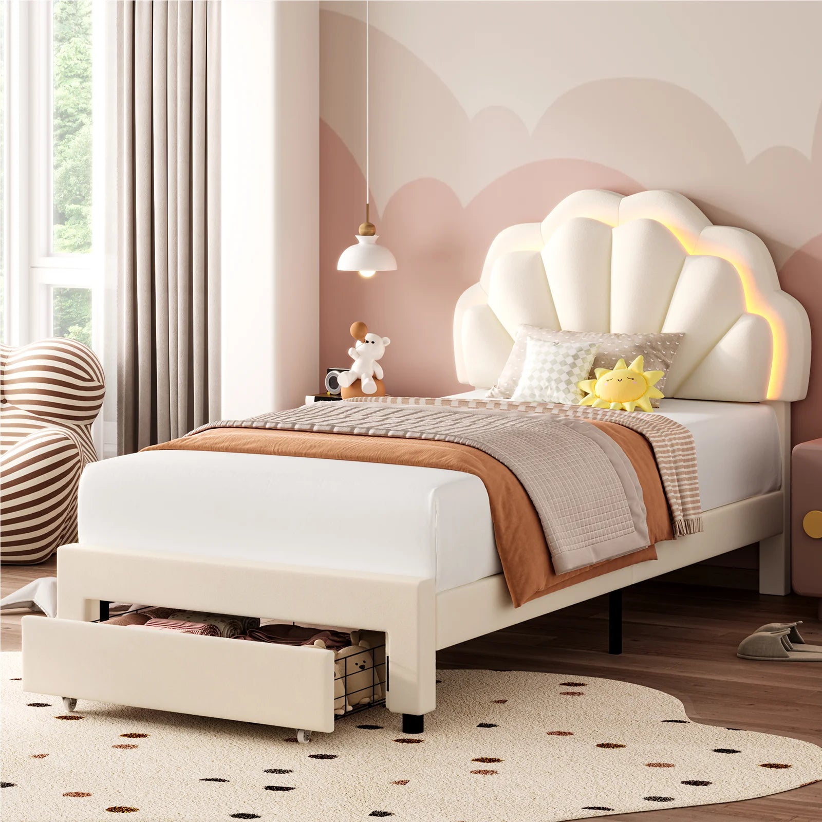 Twin Size LED Bed Frame with Drawer, Velvet Upholstered Platform Bed with Adjustable Petal Headboard for Kid, Beige